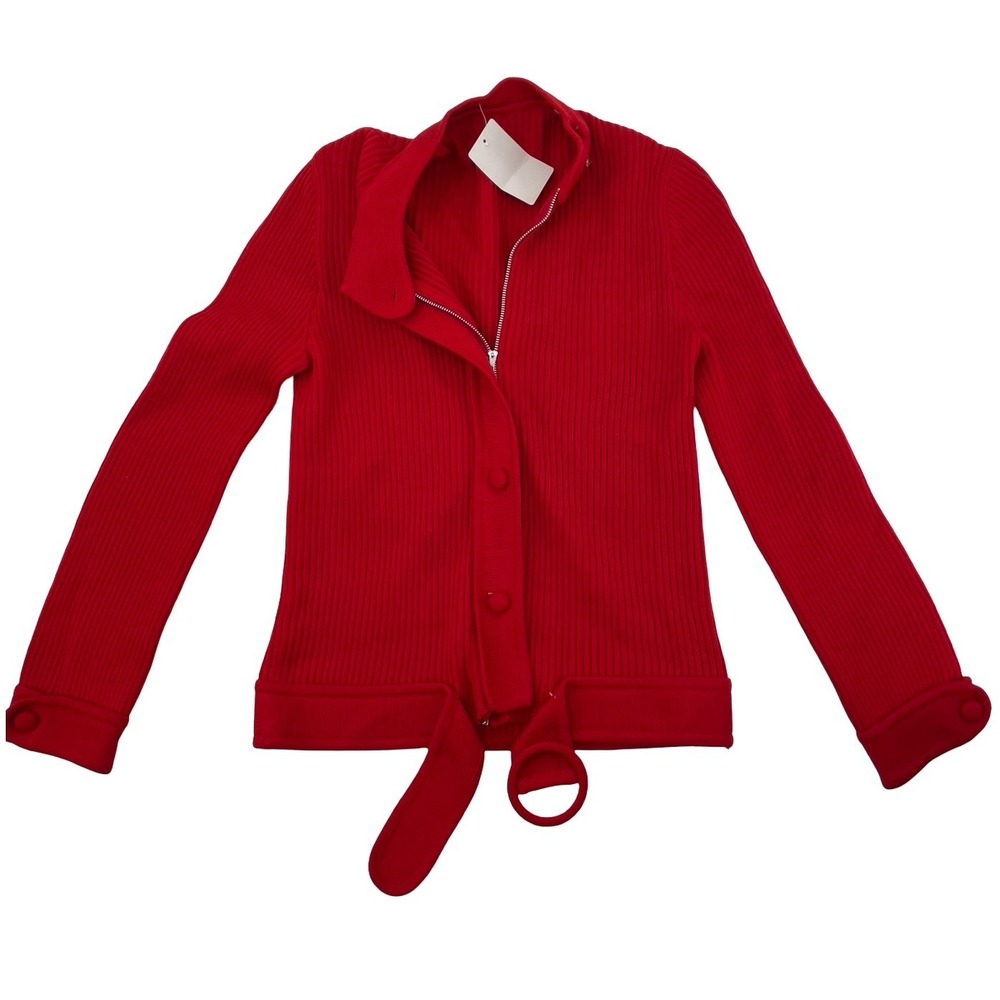 sok Women's Cardigan Ribbed Belted Red Knit Small